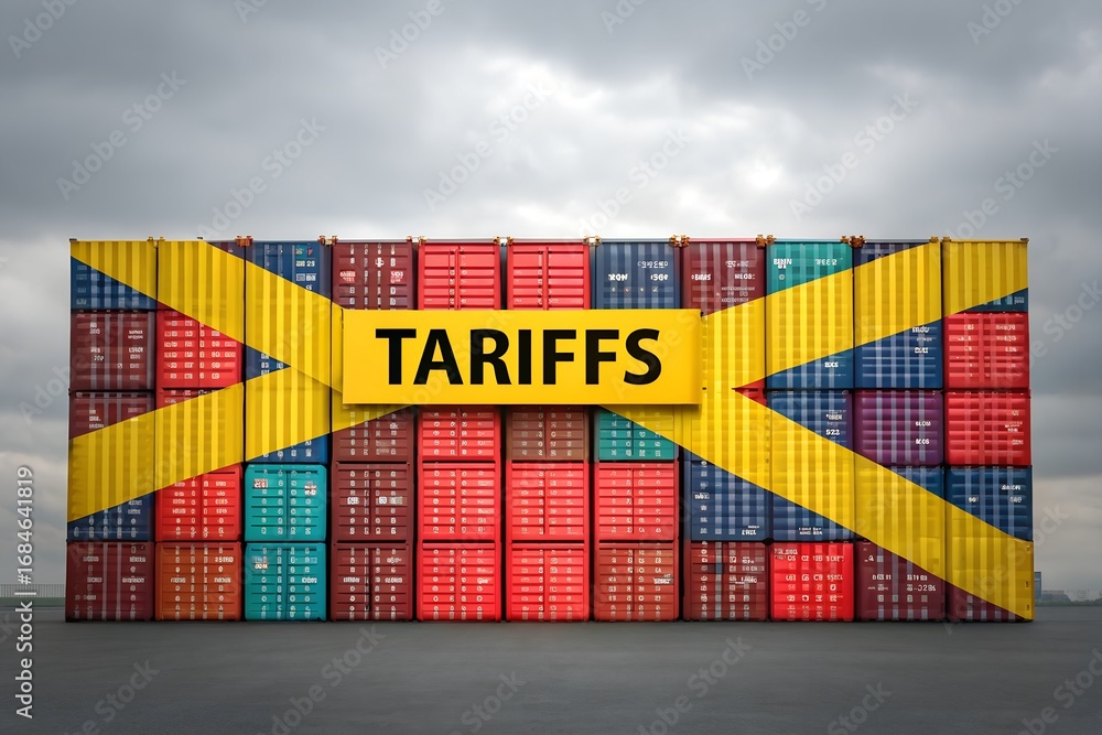 Obraz premium Wall of shipping containers with yellow TARIFS banner and diagonal stripes tariffs trade