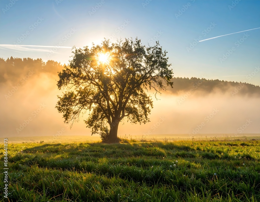 Obraz premium Solitary tree in misty sunrise field (1)