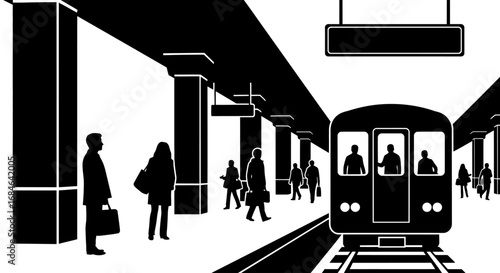 subway station silhouette passengers wait for train arrival, commuters, urban transit