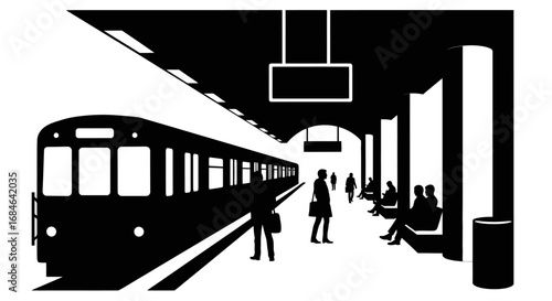 subway train station silhouette passengers waiting, urban transportation
