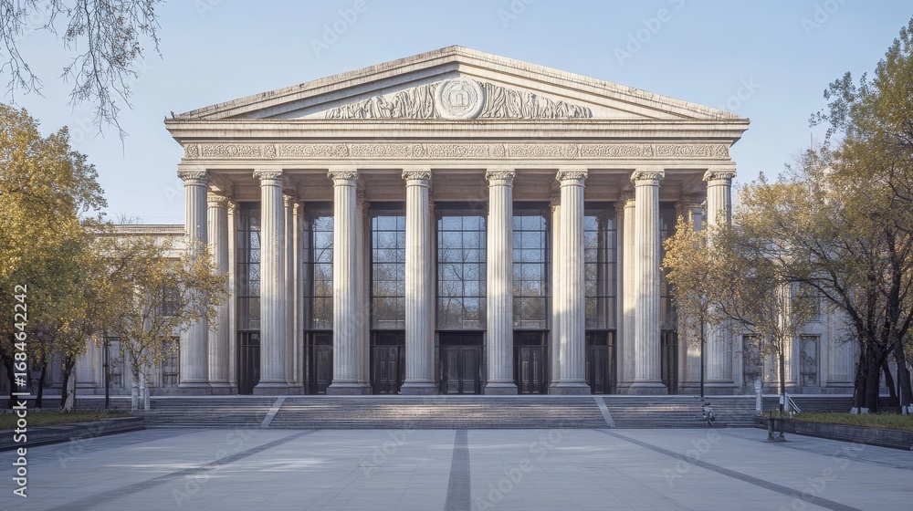 Obraz premium 2.Stately financial institution with a grand front, featuring massive fluted pillars supporting an intricately decorated entablature. The stone exterior is meticulously detailed, with carved reliefs