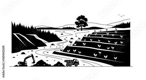 terraced farmland, excavator, and truck, agriculture and nature scene