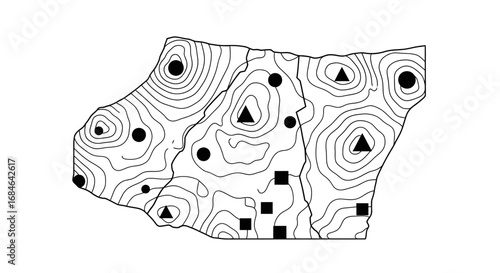 topographic map illustration circles, triangles, squares, contour lines, land survey, geographical data visualization, elevation, terrain, cartography