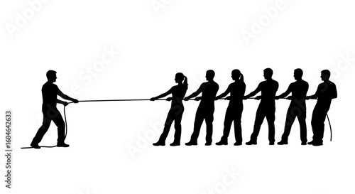 tug of war silhouette one versus many, strength, competition, teamwork, challenge