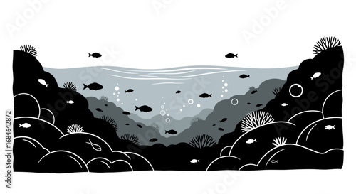 underwater scene black and white fish reef, ocean life, aquatic illustration