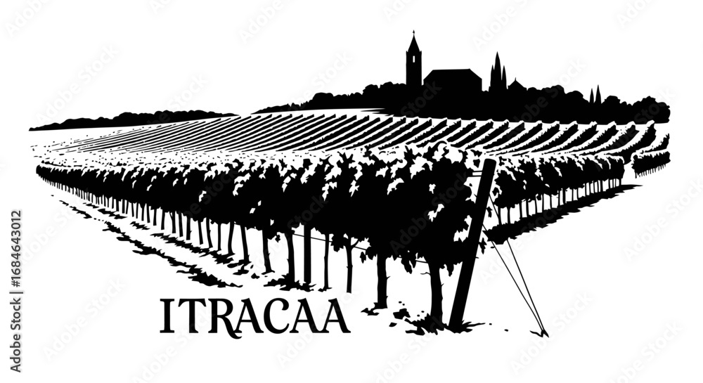 Fototapeta premium vineyard landscape illustration, black and white silhouette, rows of grapevines, idyllic rural scenery, winery, vineyard rows, wine region