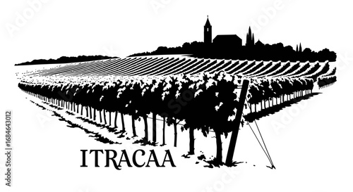 vineyard landscape illustration, black and white silhouette, rows of grapevines, idyllic rural scenery, winery, vineyard rows, wine region