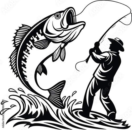 Fisherman reeling in a jumping bass fish fishing jumping fish