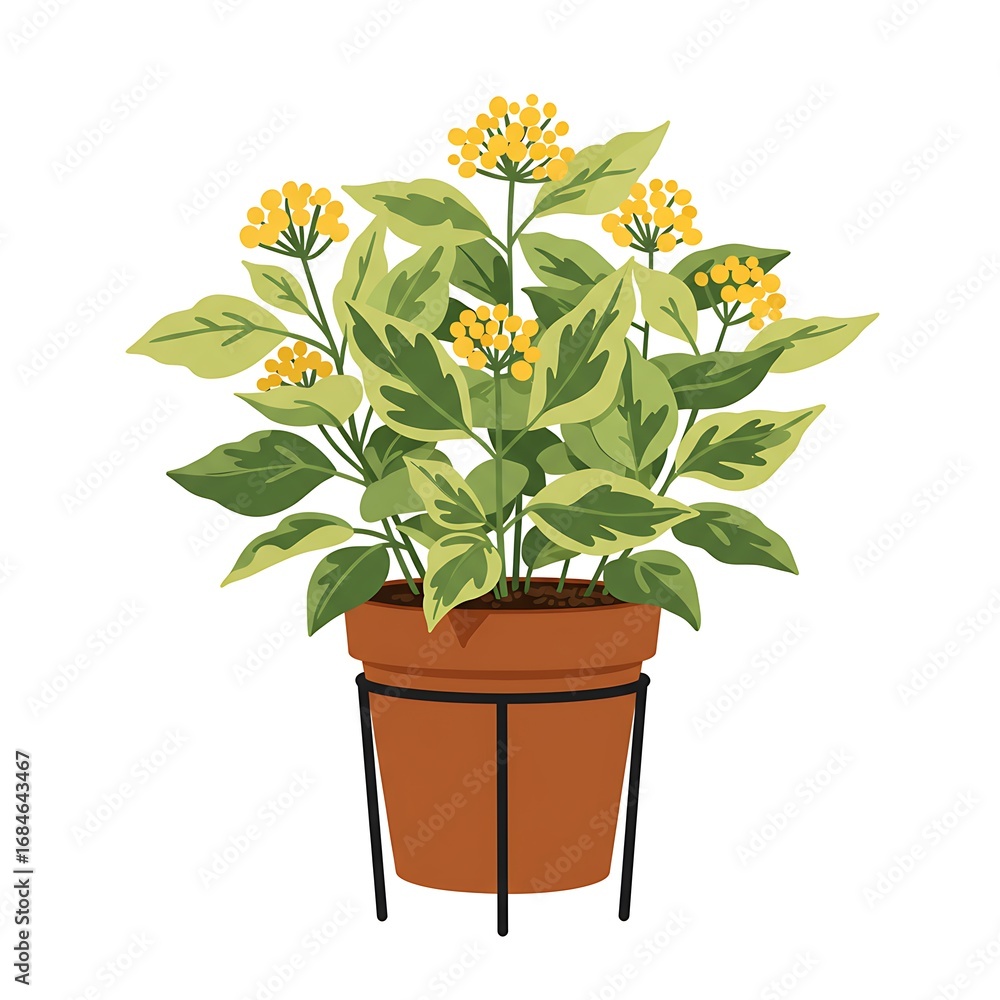 Fototapeta premium Potted Variegated Plant with Yellow Flowers on Stand