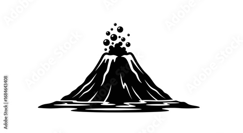 volcano eruption, black silhouette, island, nature disaster, power, force, energy, monochrome, graphic design