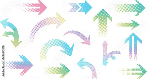 Create a kinds of deferent Halftone arrows. Colorful pastel gradient arrows in various directions. Abstract flow, process, navigation and infographic elements with halftone texture for UI, presentatio