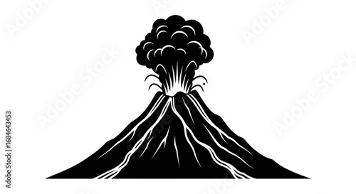volcano eruption, black silhouette, nature disaster, graphic design element, illustration, hazard symbol, fiery explosion, mountain peak