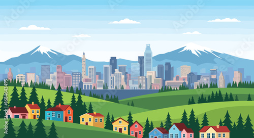 Colorful suburban homes nestled in rolling hills with a majestic snow-capped mountain overlooking a vibrant cityscape