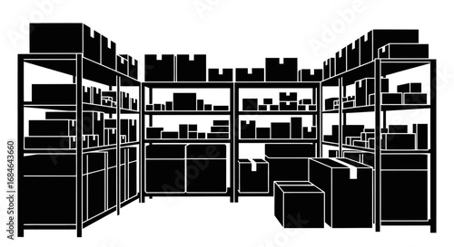 warehouse inventory, full shelves, cardboard boxes, storage, logistics, distribution center, supply chain, metal shelving, stockroom, goods, product, packages, shipment, industry, business