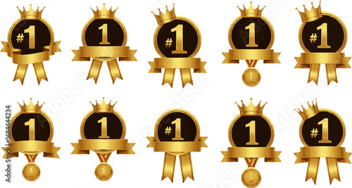 Create a kinds of deferent Number one award. Ranking award badge icons with golden crowns, ribbons, medals, numbers 1 to 3. Elegant reward graphics for winners. Game UI, contest and ranking vector art