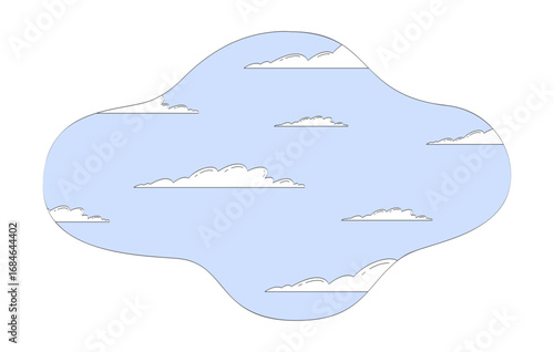 Scattered soft clouds on blue sky irregular shape doodle cartoon illustration. Cloudscape atmosphere. Weather, travel, dream 2D flat background isolated on white. Doodleart hand-drawn drawing colorful