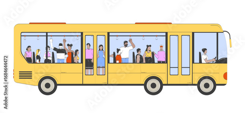 Crowded yellow bus with passengers and driver doodle cartoon illustration. Urban commuting. Diverse faceless commuters 2D flat characters isolated on white. Doodleart hand-drawn drawing colorful