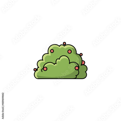 Cartoon illustration of a green bush with red berries, isolated on white background.