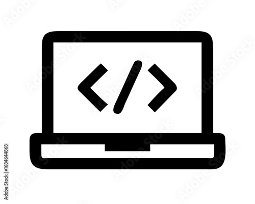 Code Icon: The symbol of programming languages is displayed on laptop, a modern depiction of the digital age and coding world.