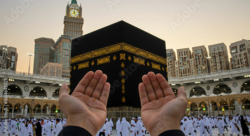 Pilgrims praying at the Kaaba in Mecca, Islam's holiest site, during Hajj or Umrah, a spiritual journey for Muslims worldwide