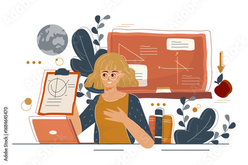 Stylish Flat Illustration Young Teacher Explaining Lesson with Laptop and Blackboard