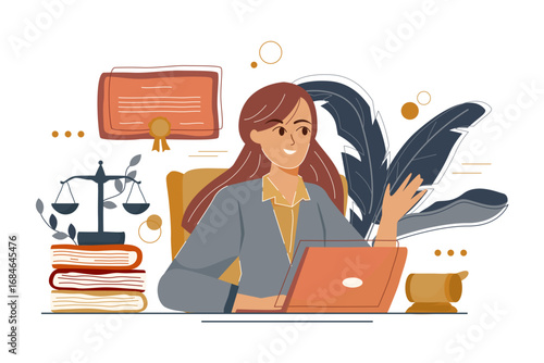 Flat Illustration of Woman Lawyer Working on Laptop with Legal Elements