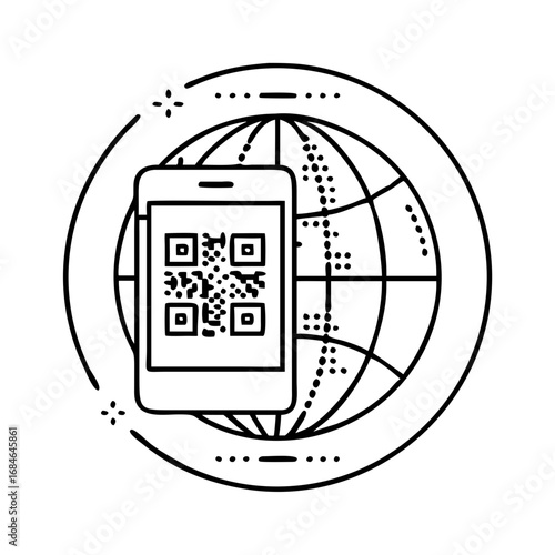 Smartphone with qr code in front of a stylized globe, representing global digital access icon