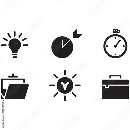 Black business icons set with vector illustrations of clocks, cars, and music for web and mobile design
