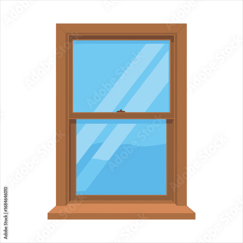 Wooden Window Frame with Blue Sky Reflection on White Background glass window pane