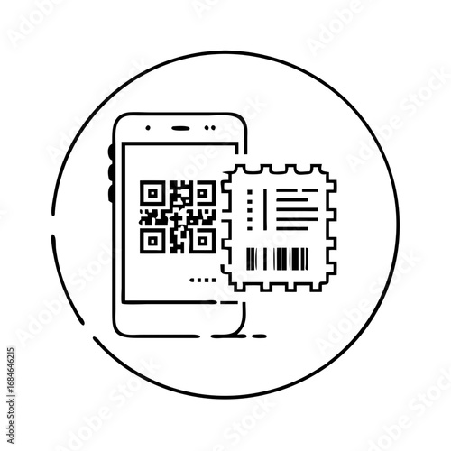 Smartphone displaying a qr code next to a ticket with a barcode icon