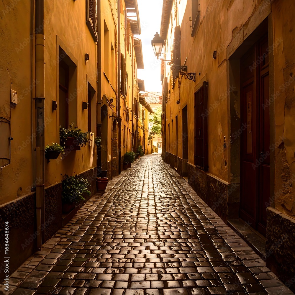 Naklejka premium Sunlit cobblestone alleyway between aged buildings