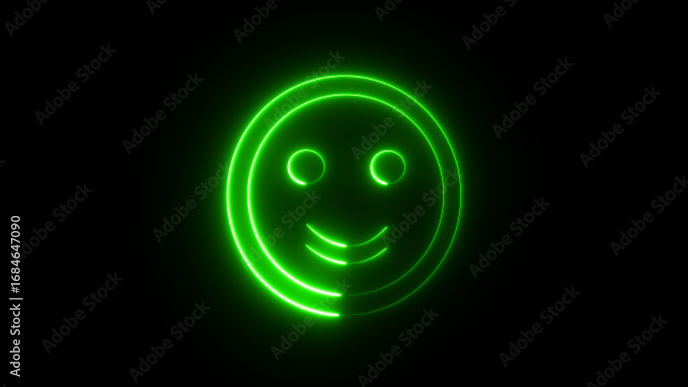 Fototapeta premium Bright green neon smiley face illuminated in darkness against a black background creating a cheerful and positive atmosphere