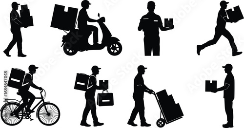 Silhouette Set of Delivery Workers Carrying Packages, Using Scooter, Bicycle, Trolley, and Delivering Boxes in Various Courier Poses