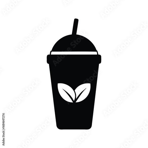 Black silhouette of refreshing healthy iced tea drink with straw and leaves, vegan smoothie cup silhouette vector illustration
