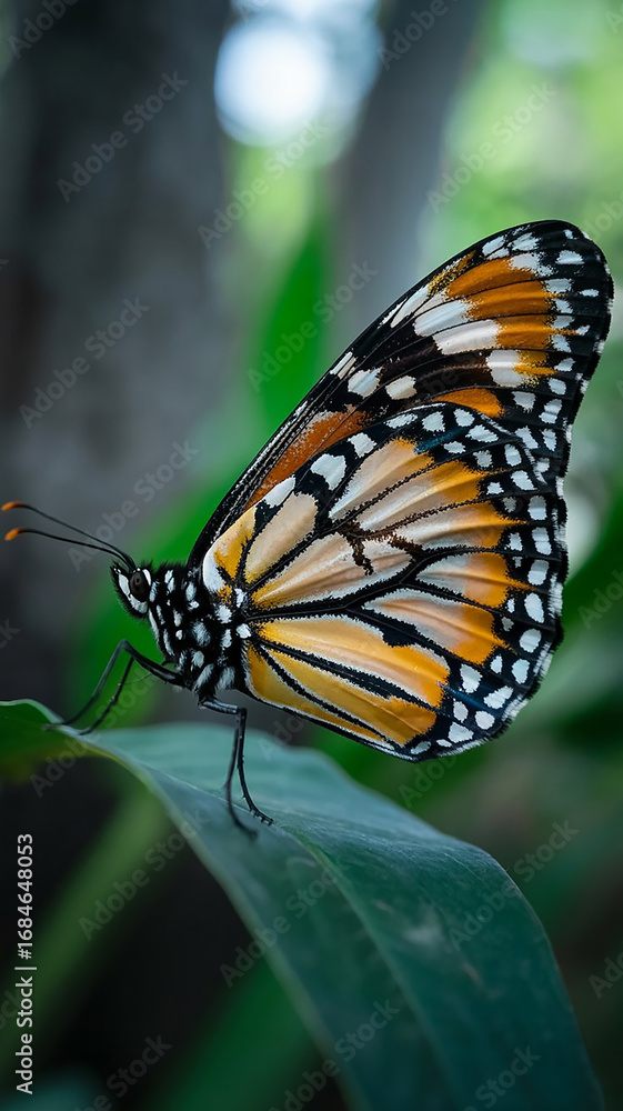 Fototapeta premium A beautiful monarch butterfly with intricate orange and black wings rests gently on a lush green leaf
