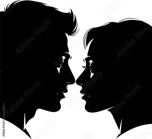 Create a Male female heads facing silhouette. Man and woman face each other in black profiles. Calm intimate moment, emotional focus. Love, relationship, romance, communication concept. vector art .