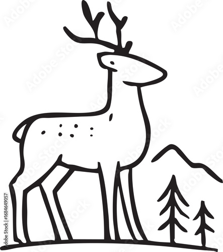 Deer with antlers standing beside small conifers