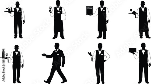 "Waitstaff Silhouettes – Tray Holding, Wine Service, Menu Presentation, Plate Carrying, Hospitality Poses, Restaurant Staff Vector Icons"
