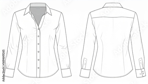 Technical fashion sketch of women’s button-up shirt, front and back views, with classic collar, long sleeves, wide cuffs, button placket, yoke, and princess seams