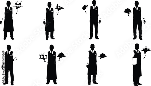 "Waiter Silhouettes – Tray Service, Wine Bottle, Covered Dish, Corkscrew, Menu Holding, Hospitality Staff, Restaurant Vector Icons"