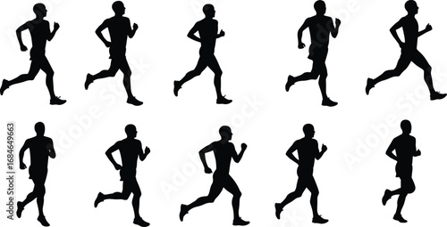 Silhouettes of a man running in different poses, showcasing athletic movement, jogging, fitness, and exercise in motion.
