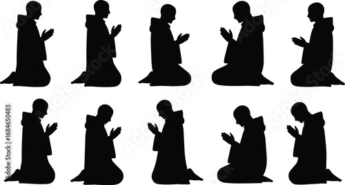 Silhouettes of a person kneeling and praying in religious devotion, showing multiple poses with hands raised and bowed head.