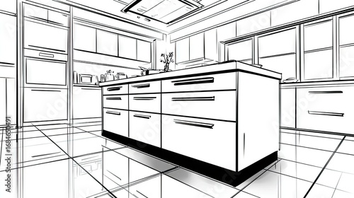 Black and white sketch of a modern kitchen design.