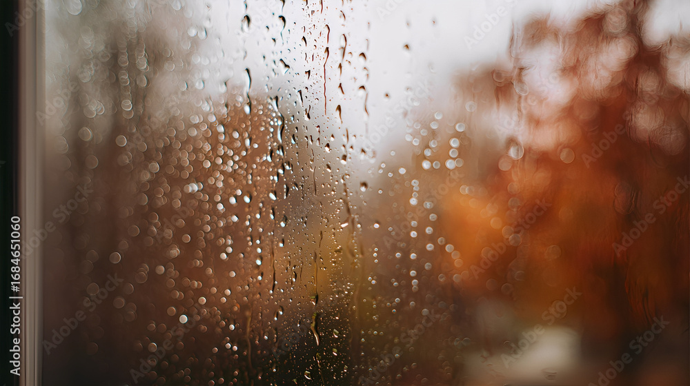 Obraz premium Macro shot of raindrops on a window with blurred autumn trees in the background, soft focus, feeling of gloom and coziness, glass texture with rain streaks, natural gloomy lighting, cinematic image