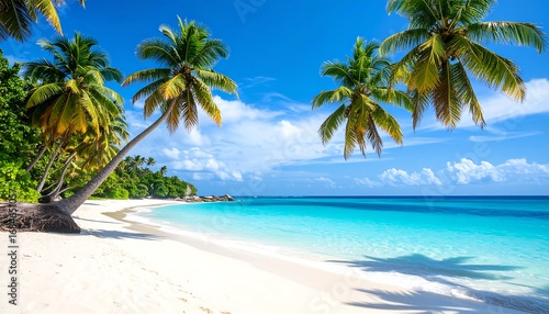Fototapeta Naklejka Na Ścianę i Meble -  A serene tropical beach scene displays swaying palm trees over a pristine white sand beach and turquoise water.