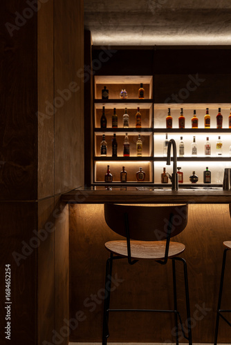 Luxury bar with drinks and bar stools