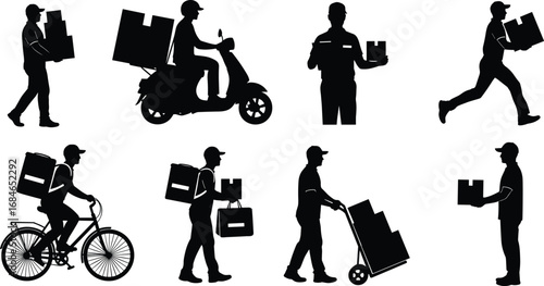Silhouettes of Delivery Workers with Packages on Foot, Bicycle, Scooter, and Trolley – Courier Logistics Vector Set for Shipping Services