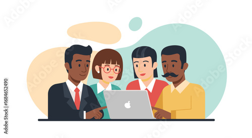 Diverse business professionals collaborate intently on a laptop, fostering teamwork and innovation. Ideal for themes of modern business, technology, and success.