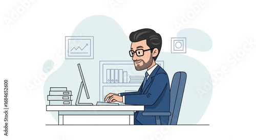 Smiling businessman in glasses works diligently on his computer at an office desk, symbolizing productivity, success, and modern business operations.
