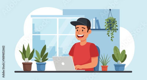 Happy man working efficiently on a laptop in a cozy, plant-filled home office. Ideal for concepts of remote work, freelance, and a balanced lifestyle.
